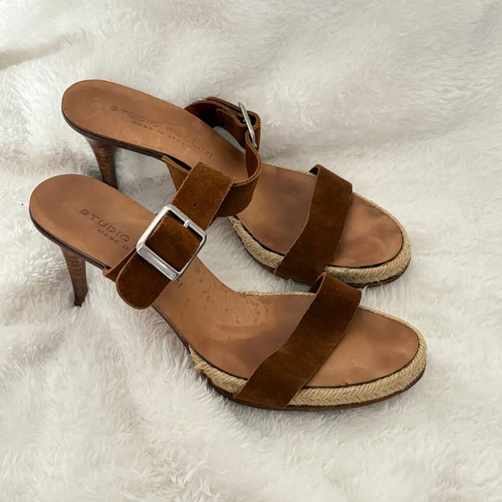 Studio Pollini Italian Suede Heels 7.5 38 Brown Tan Sandals Resort Cruise